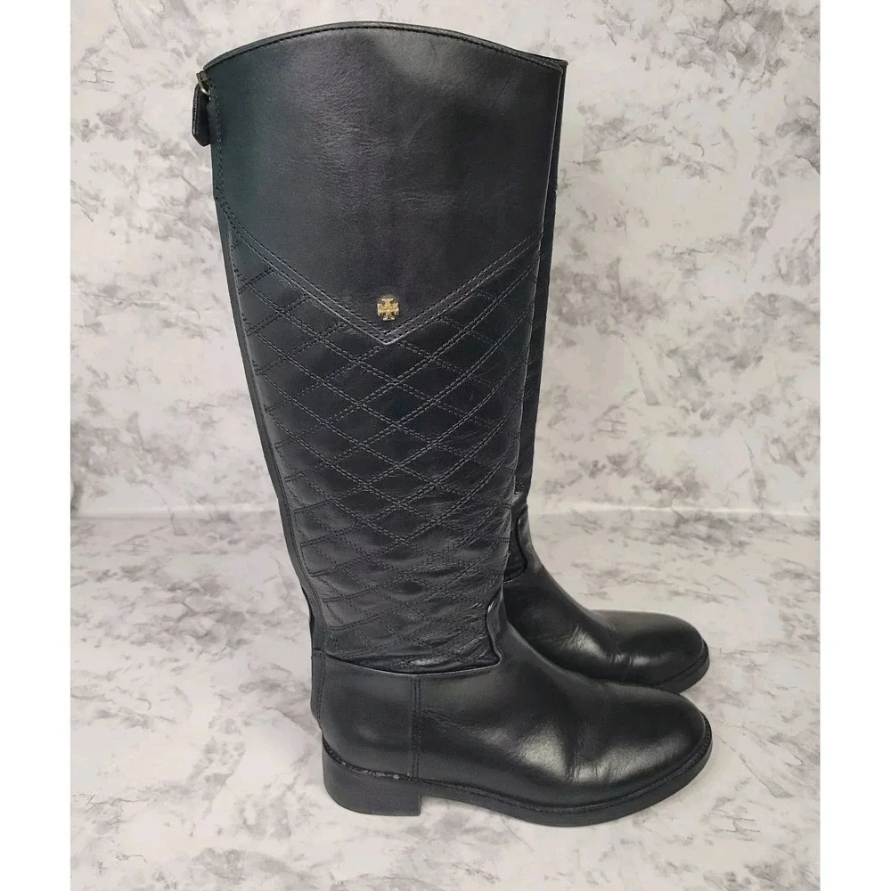 Tory Burch Black Quilted Leather Riding Boots Rear Zip Gold Logo 6.5M